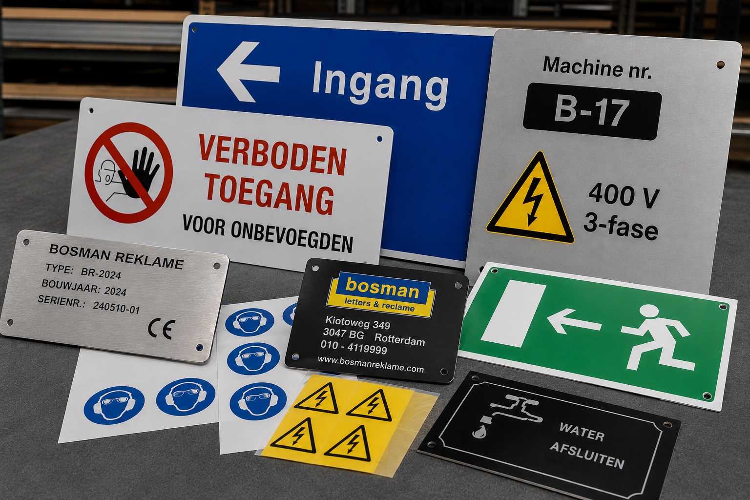 Allerlei naamplaten en stickers laten zien die we maken.
